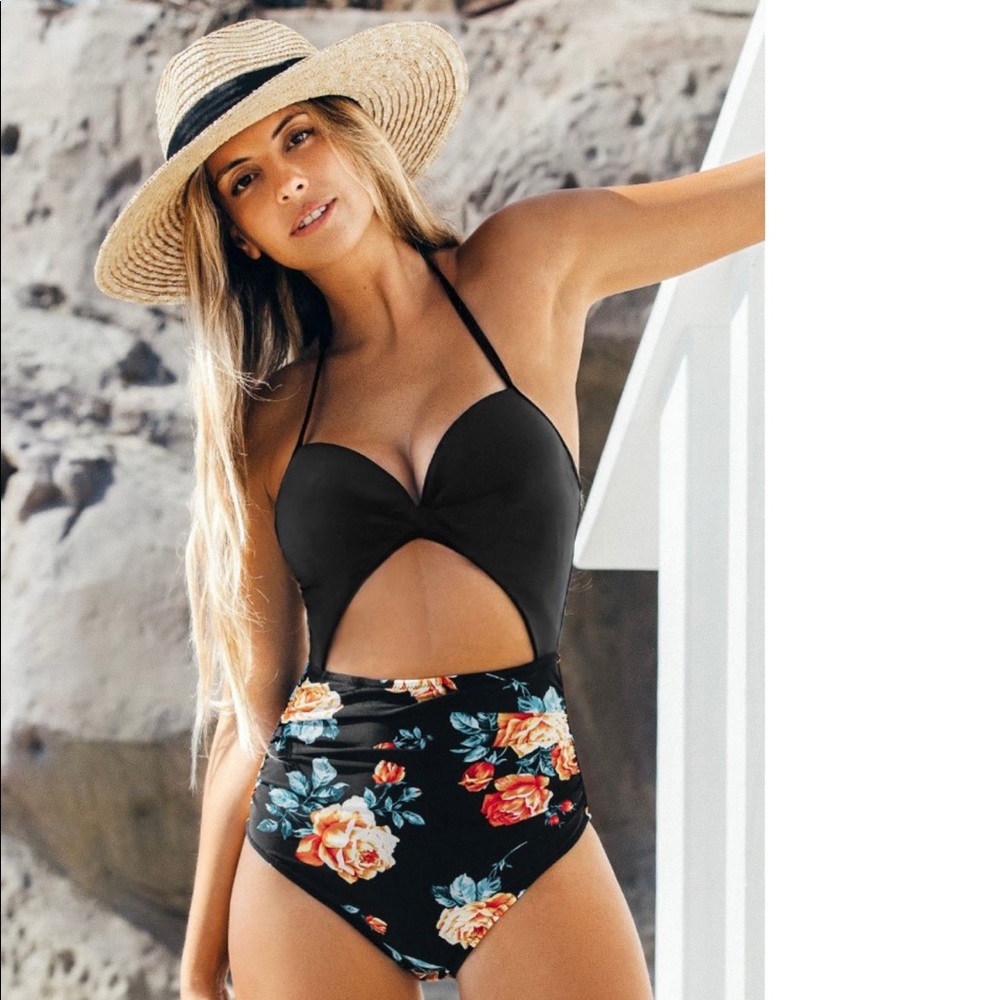Cupshe Black Floral Print Halter One Piece Swimsuit, size M
